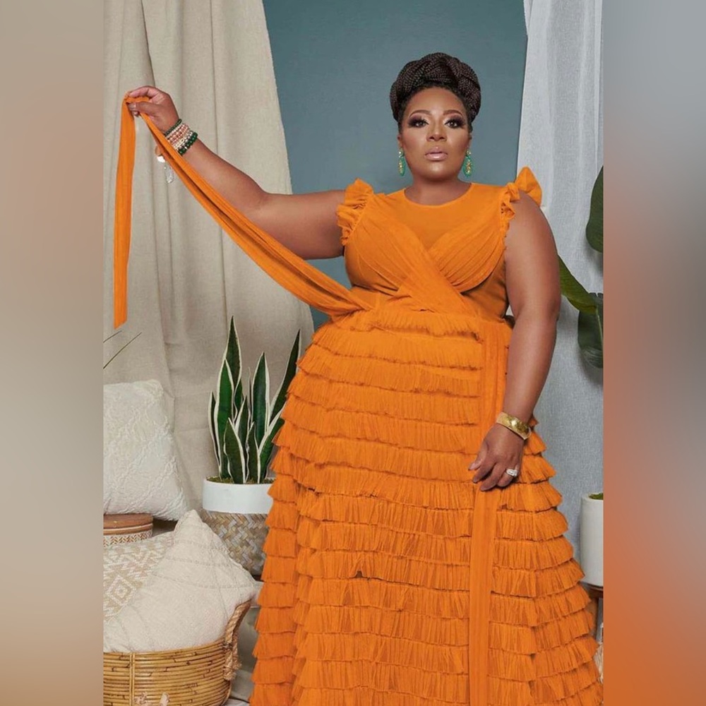 Plus size elegant criss cross lace up ruffle sleeve tulle maxi dress royal blue